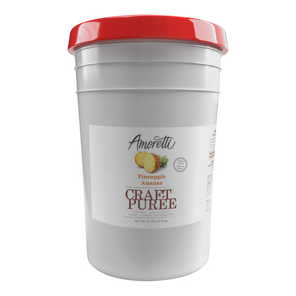 An open white plastic bucket of Amoretti Pineapple Craft Puree with a white label and red lid.