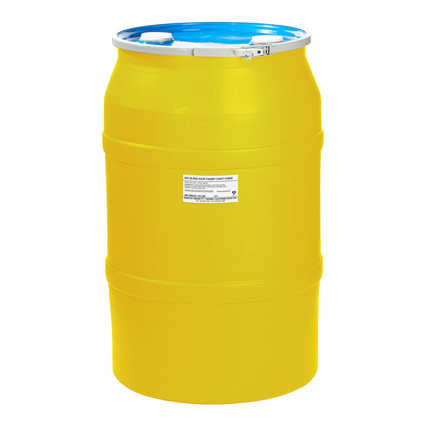 A yellow barrel with a white label and a blue lid.