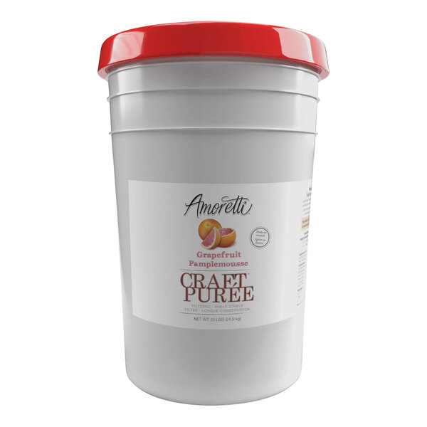 An orange and white bucket of Amoretti Grapefruit Craft Puree with a red lid.