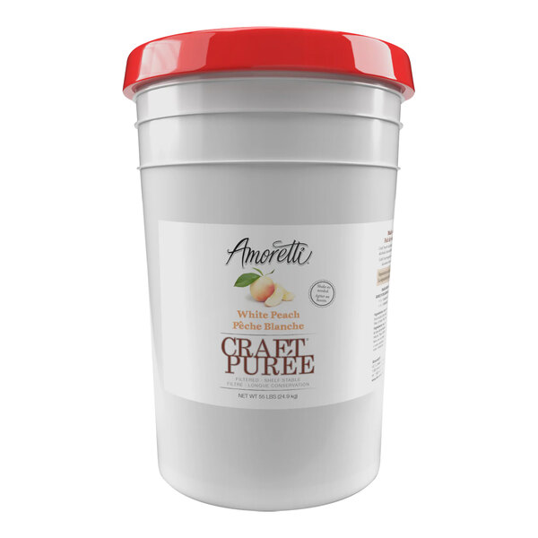 A white plastic bucket of Amoretti White Peach Craft Puree with a red lid.