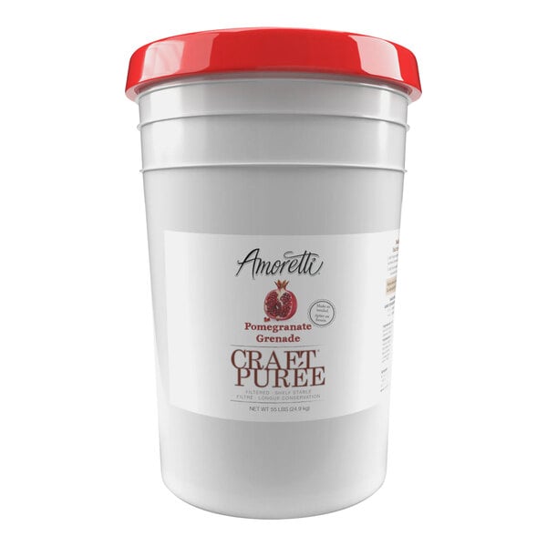 A white bucket of Amoretti Pomegranate Craft Puree with a white label and red lid.