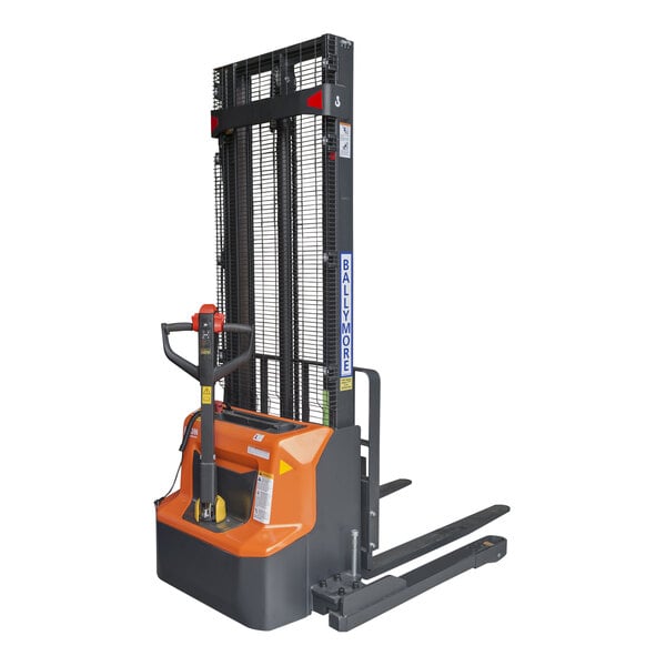 A Ballymore battery-powered forklift stacker with a handle.