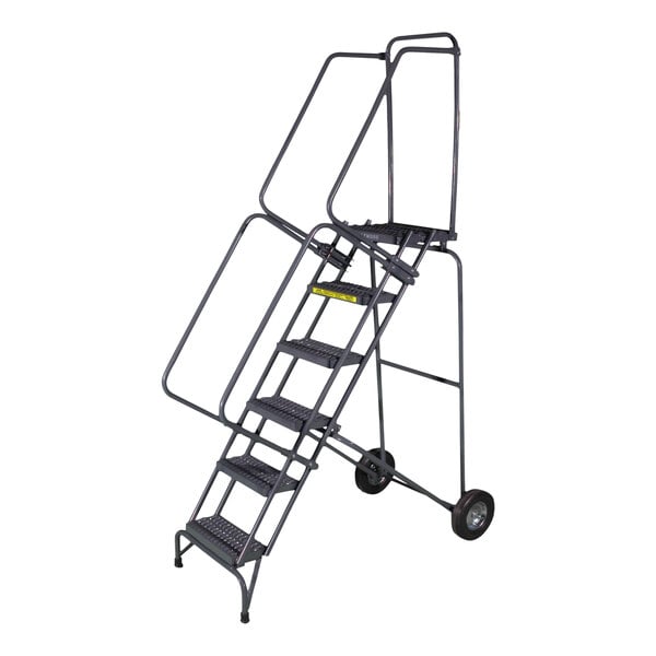 A Ballymore stainless steel rolling ladder with six steps and wheels.