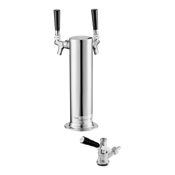 A stainless steel Avantco beer tower with two black and silver metal taps.