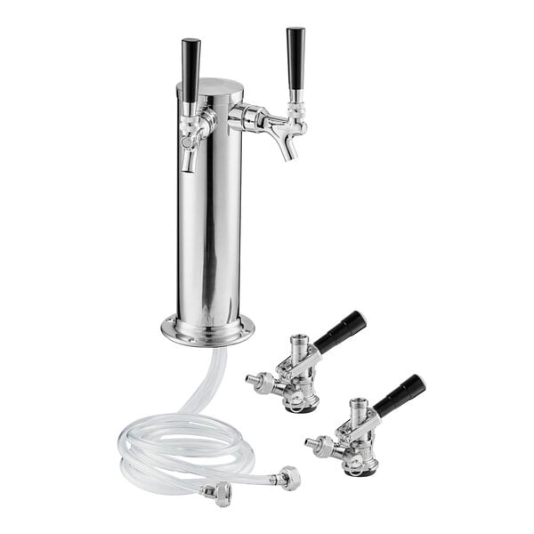 A silver metal Avantco beer keg coupler with black handles and a 2-tap beer tower.
