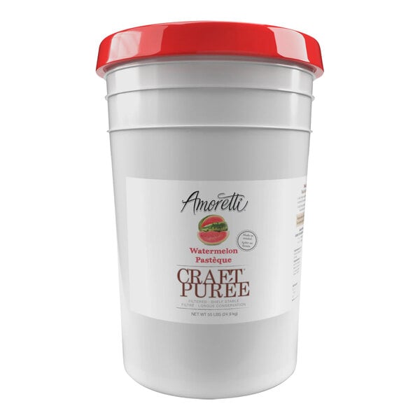 A white bucket of Amoretti Watermelon Craft Puree with a white label and red lid.