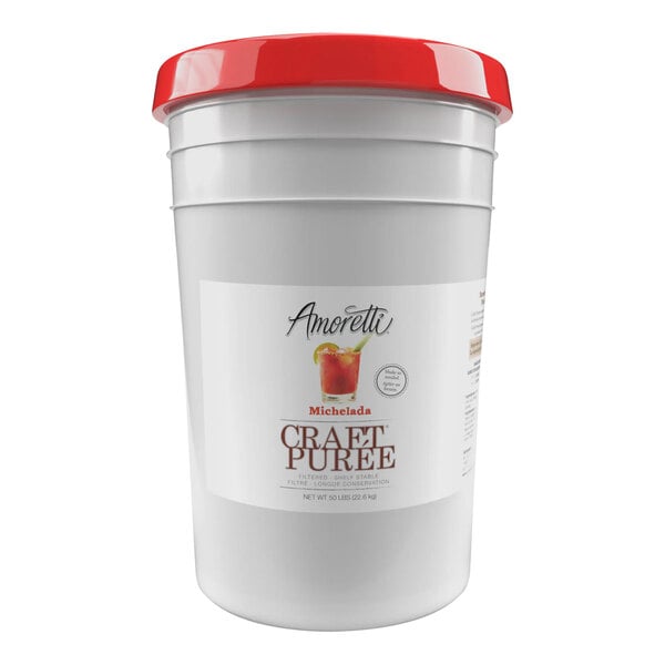 A white bucket of Amoretti Michelada Craft Puree with a white label and red lid.