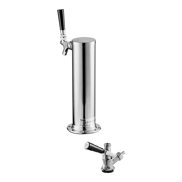 An Avantco stainless steel beer tap with a black handle on a silver metal beer tower.