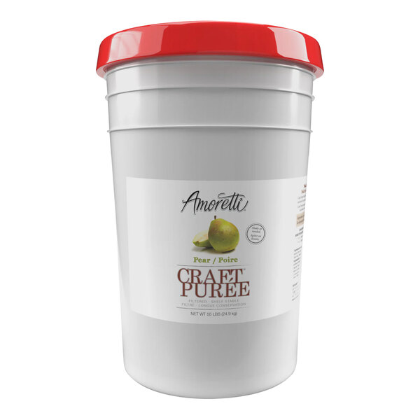 An open white bucket of Amoretti Pear Craft Puree with a red label.
