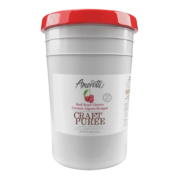 A white bucket with a red lid of Amoretti Red Sour Cherry Craft Puree.