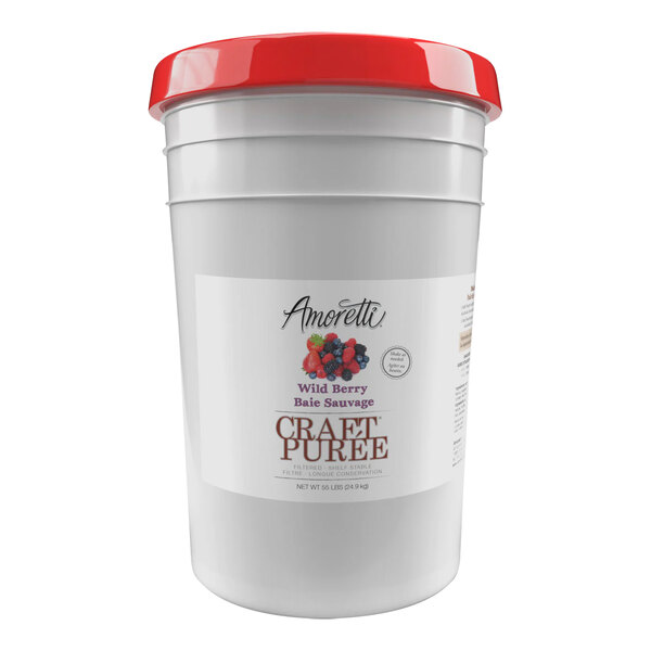 A white bucket of Amoretti Wild Berry craft puree with a red lid.