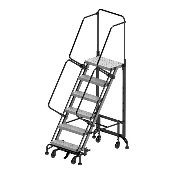 A gray steel Ballymore hybrid rolling safety ladder with black metal bars and wheels.