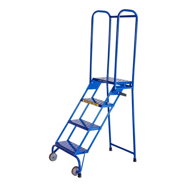 A blue Ballymore folding rolling ladder with 4 steps and wheels.