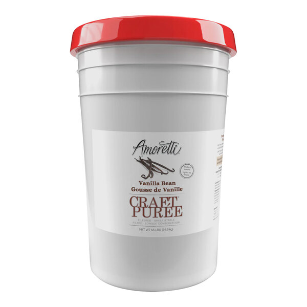 A white bucket of Amoretti Vanilla Bean Craft Puree with a red lid.