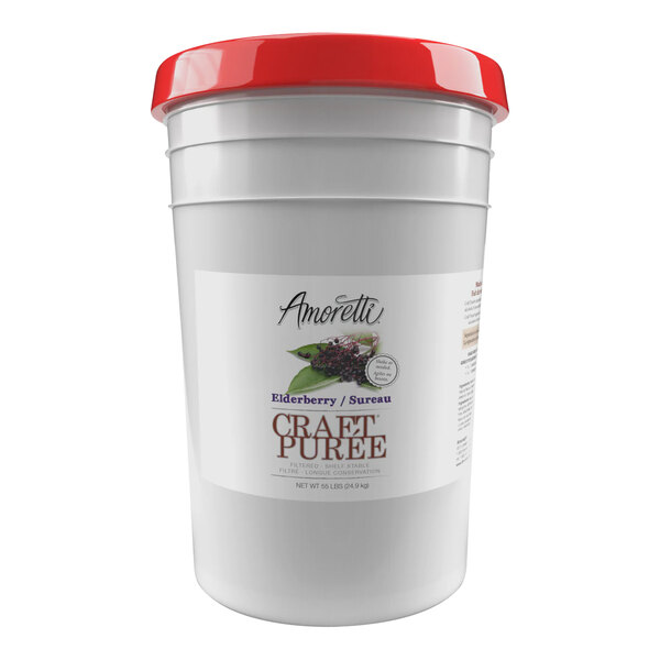 A white bucket of Amoretti Elderberry Craft Puree with a red lid.