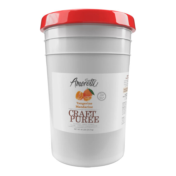 A white bucket of Amoretti Tangerine Craft Puree with a red lid.