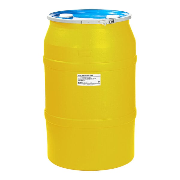 A yellow barrel of Amoretti Apricot Craft Puree with a white label and a blue lid.