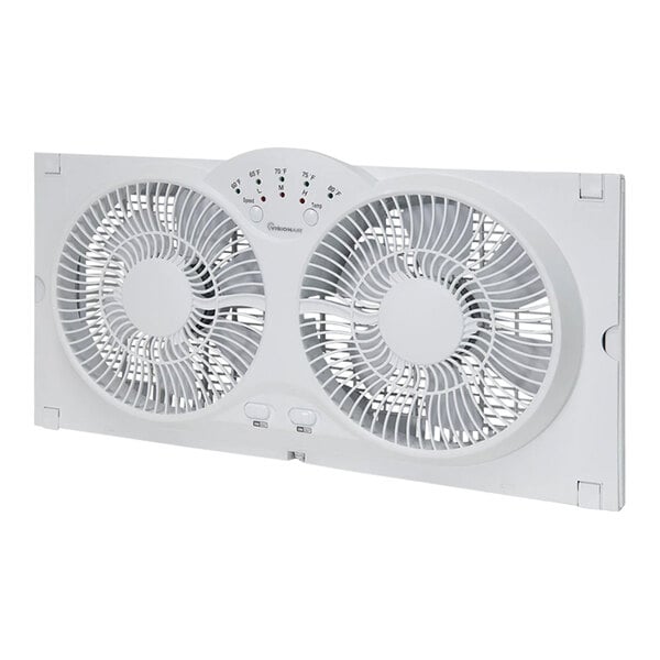 A VisionAir white twin window fan with two round blades.