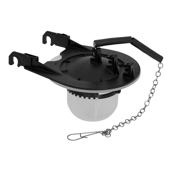 An American Standard toilet tank flapper with a chain and a black and white plastic cap.