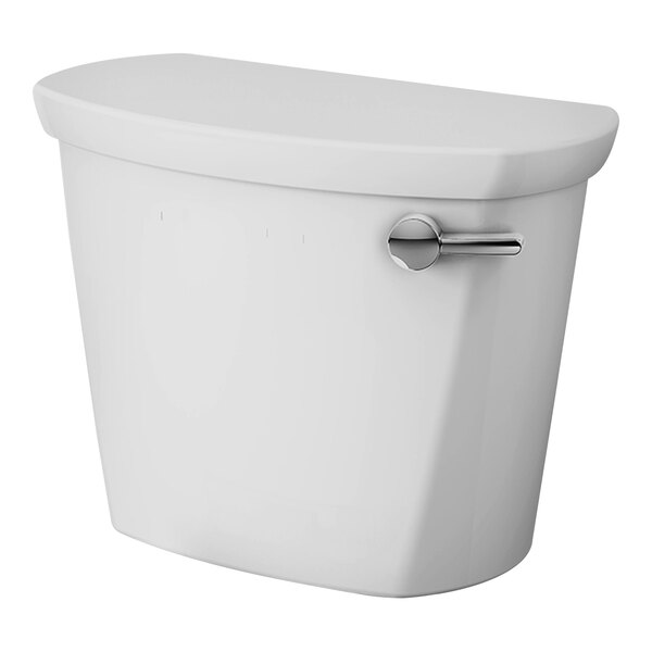 A white American Standard toilet tank with lid and right-handed lever.