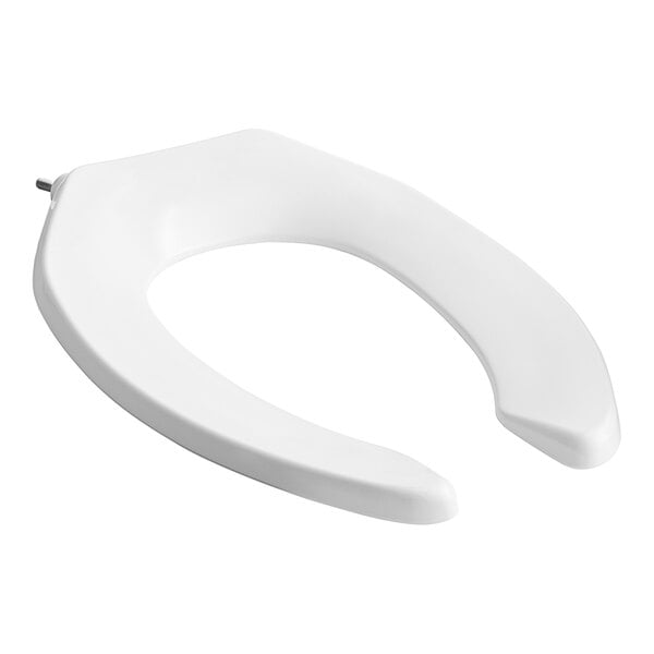 A white American Standard elongated toilet seat with metal hinges.