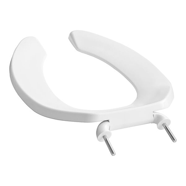 A white American Standard elongated commercial toilet seat with metal hinges and rods.