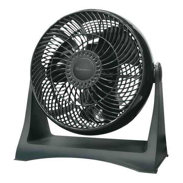 A VisionAir black high-velocity fan on a stand.