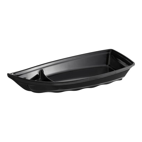 A black plastic boat shaped tray.