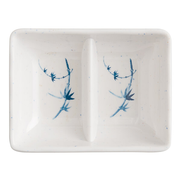 A white rectangular Acopa melamine dish with blue rectangular compartments and blue bamboodesigns.