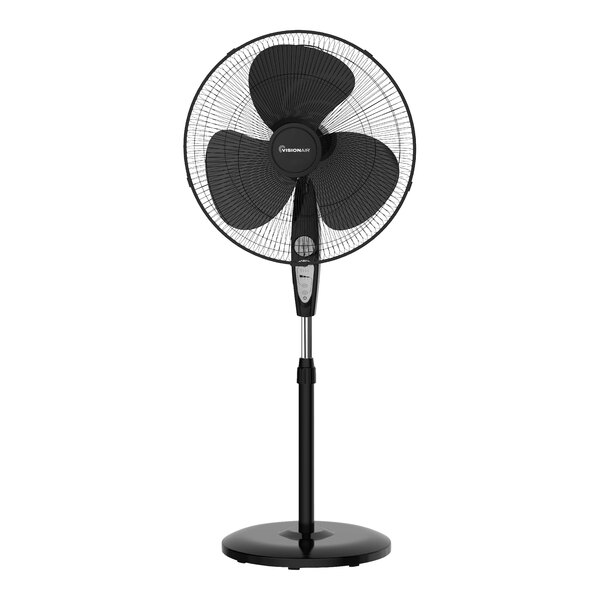 A black VisionAir pedestal fan on a stand.