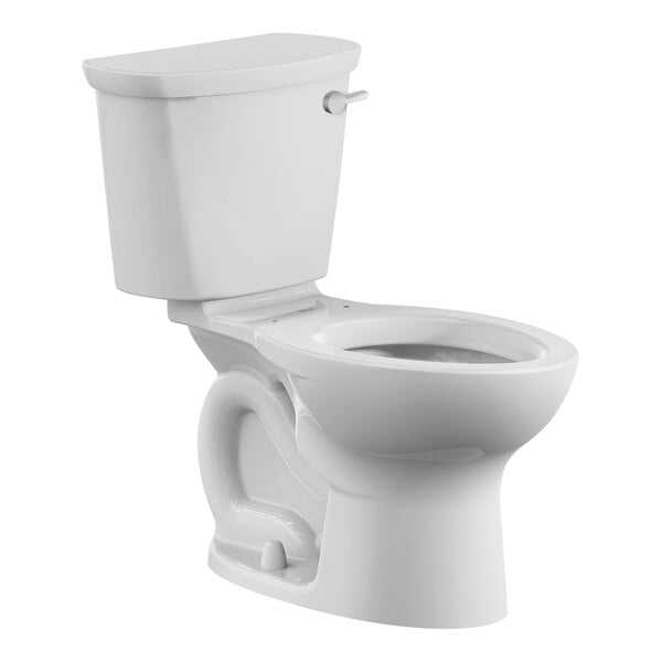 An elongated white floor-mount toilet with a right-handed lever and chair height design.