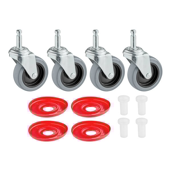 A group of four Lavex casters with red rubber caps and plastic screws.