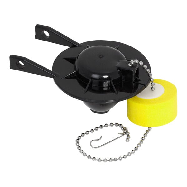 A black and yellow plastic flapper and chain for a toilet.