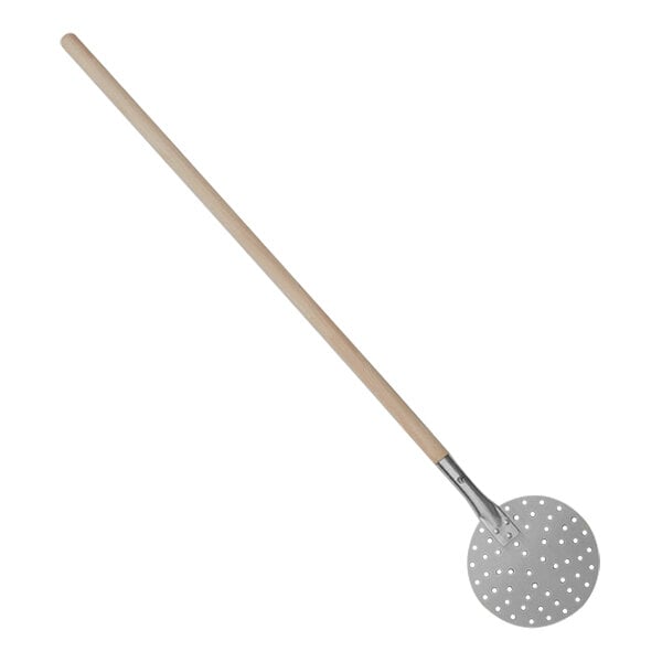 An American Metalcraft stainless steel pizza peel with a wood handle and holes.