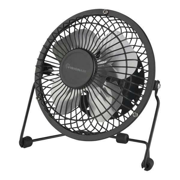 A close-up of a VisionAir black table fan with a metal blade.