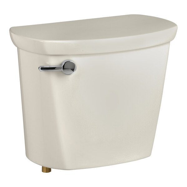 An American Standard linen vitreous china toilet tank with a lid and silver handle.