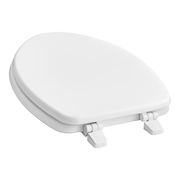 A white American Standard elongated wood toilet seat with a cover and hinges.