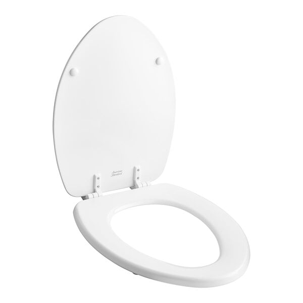 An American Standard white elongated toilet seat with cover on a white background.