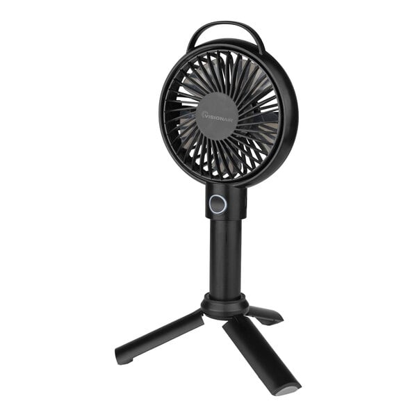 A VisionAir black handheld fan on a stand.