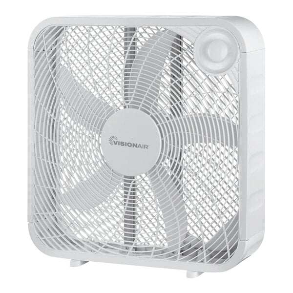 A VisionAir white box fan with a white handle.