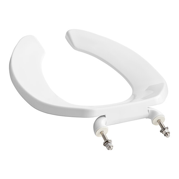 A white American Standard elongated toilet seat with stainless steel check hinges and screws.