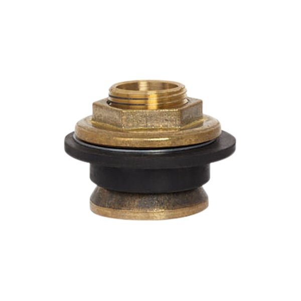 A close-up of a brass threaded pipe fitting with a black cap.