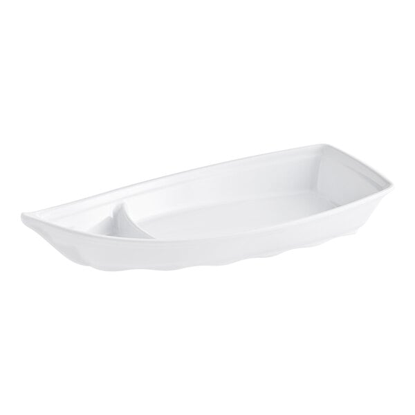 A white melamine boat shaped dish.