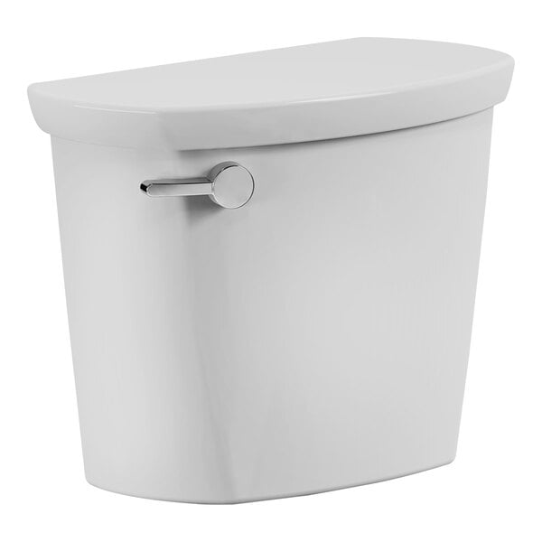 A white American Standard toilet tank with a lid and handle.