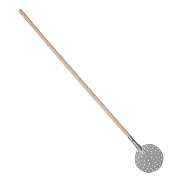 An American Metalcraft round stainless steel pizza peel with a wooden handle.