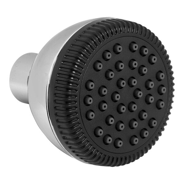 An American Standard shower head with black and white easy-clean dots.