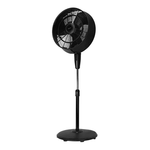 A VisionAir black outdoor oscillating misting fan on a stand.