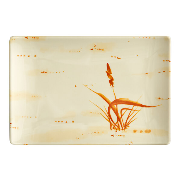 A rectangular beige Acopa Melamine plate with a gold design.