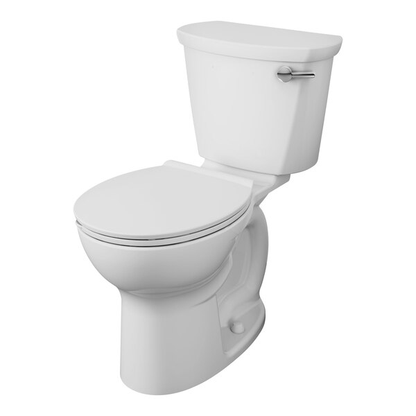 A white American Standard floor-mount toilet with a seat down and silver handle.
