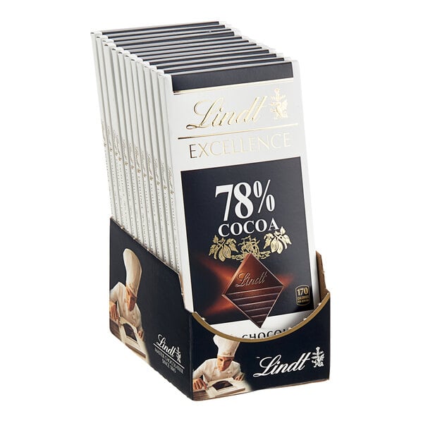 A box of Lindt Excellence 78% Cocoa Dark Chocolate bars.